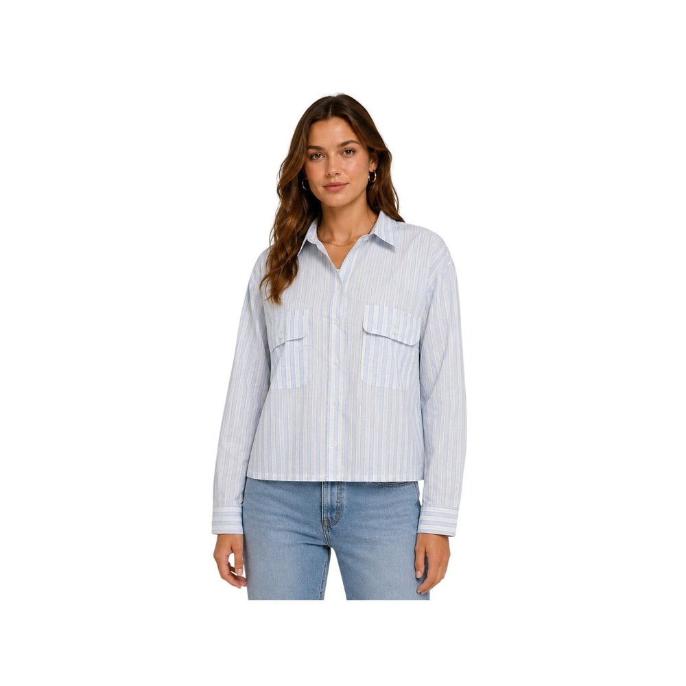 Vintage DVF Diane Von Furstenberg Blue White Stripe Cropped Boxy Shirt Womens M